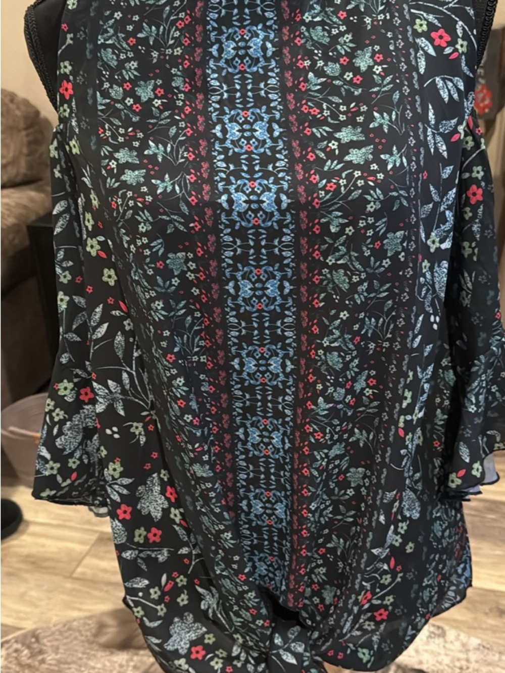 Cold-Shoulder Floral Blouse in Black with Blue & Red Accents